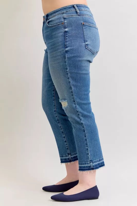 Women's Distressed Jeans | Mid Rise Patch & Repair Boyfriend Fit