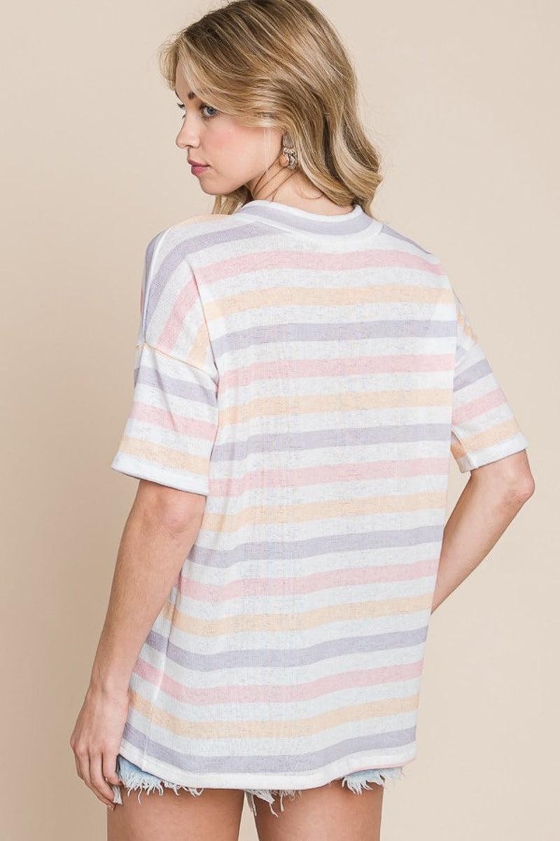 BOMBOM Striped V-Neck Short Sleeve T-Shirt Trandify deal