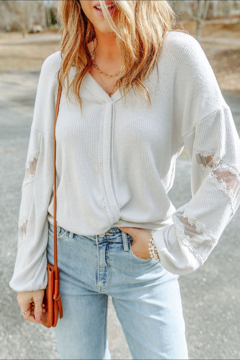 Lace Detail Drop Sleeve Ribbed Top Trandify Deal