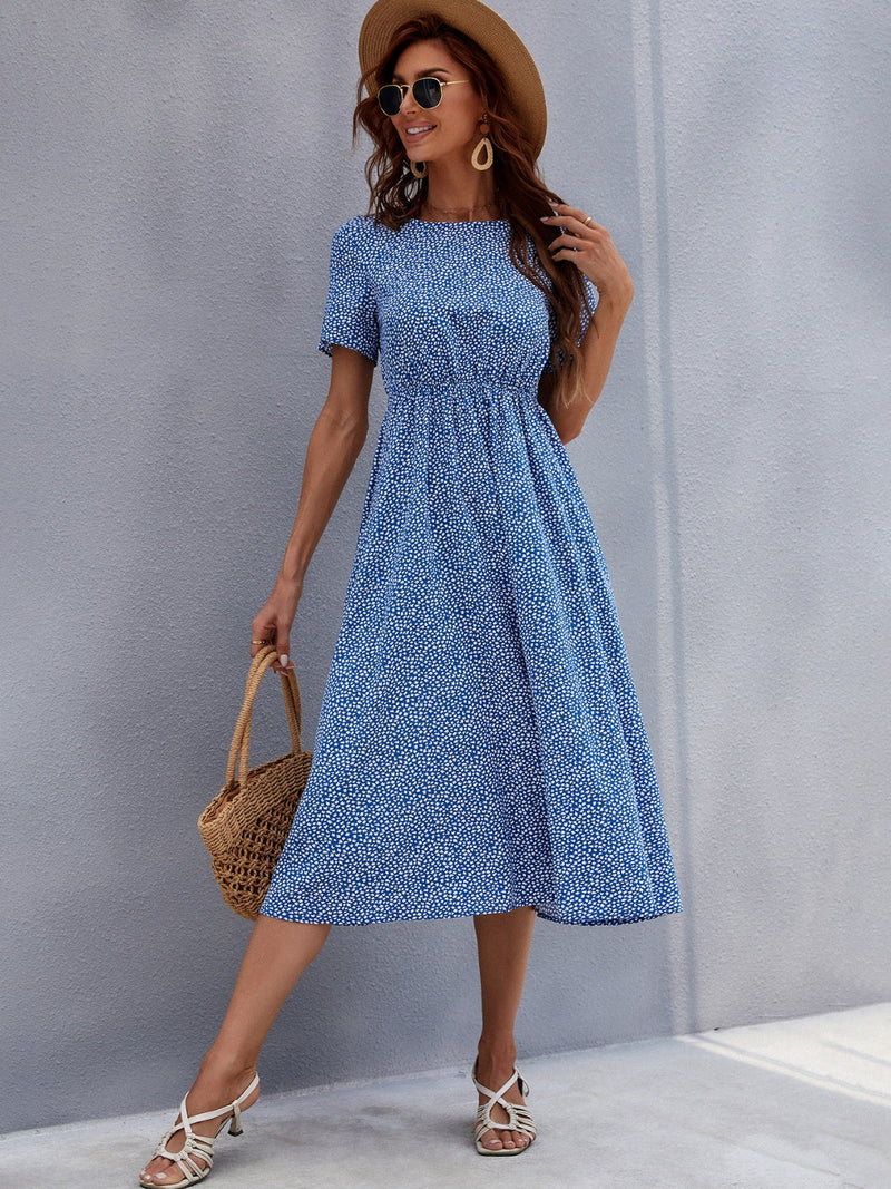 Printed Round Neck Short Sleeve Midi Dress Trandify Deal