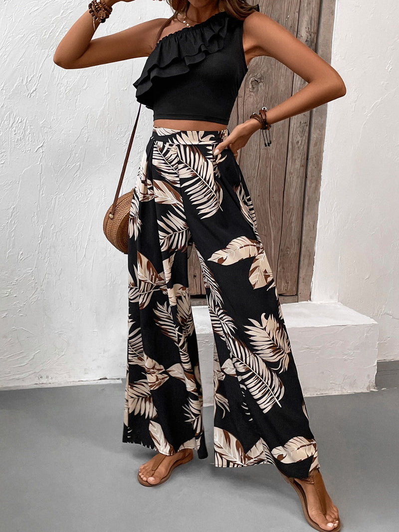 Honey Ruffled Sleeveless Top and Printed Pants Set Trandify deal