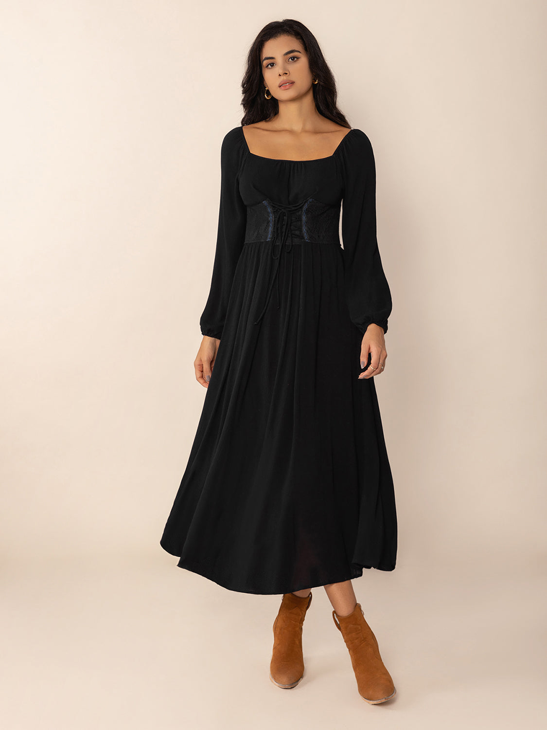 Lace-Up Square Neck Long Sleeve Midi Dress Trandify deal