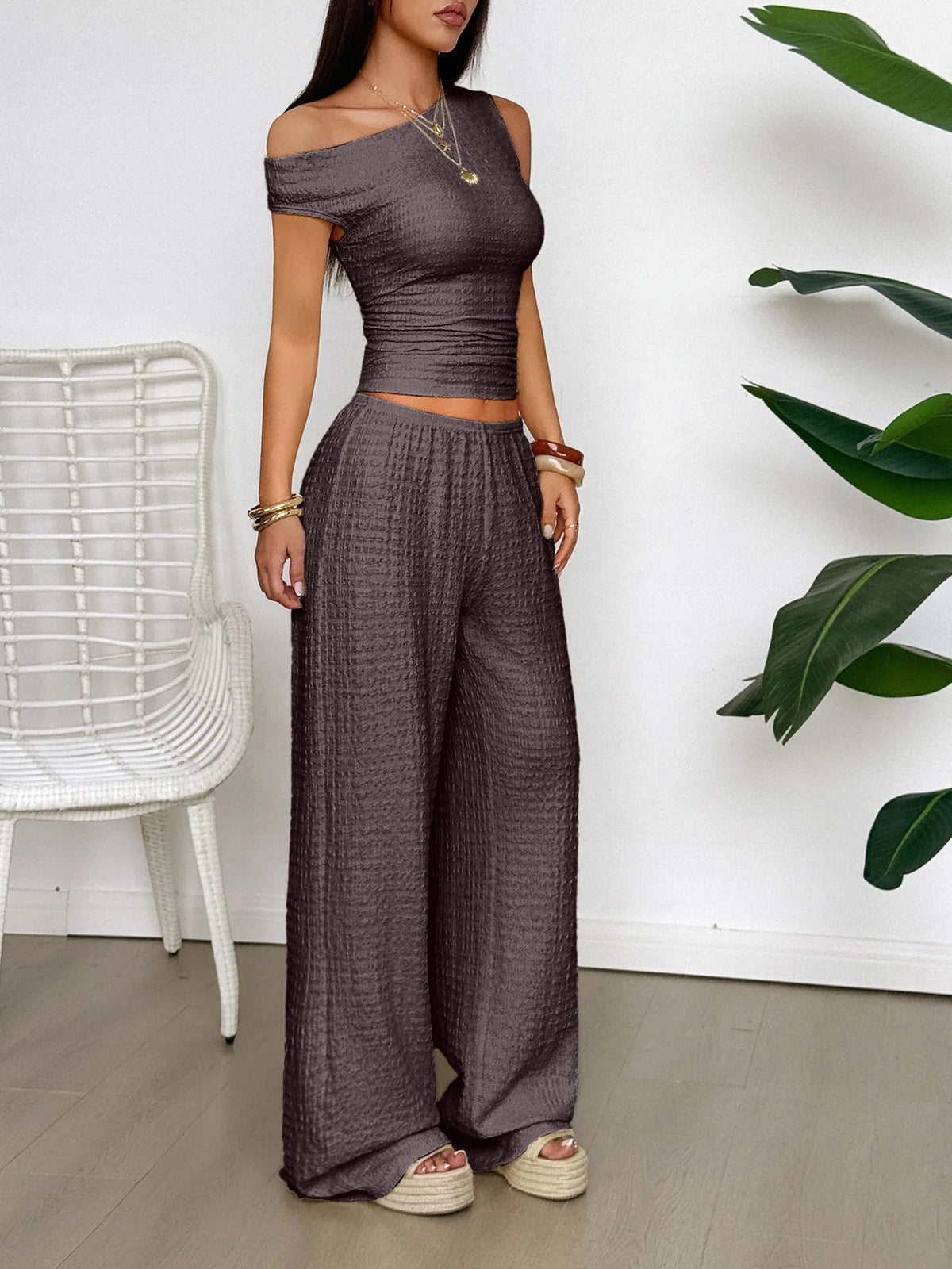 Women’s One Shoulder Top and Wide Leg Pants Set – Trendy Summer Outfit for Casual & Evening Wear