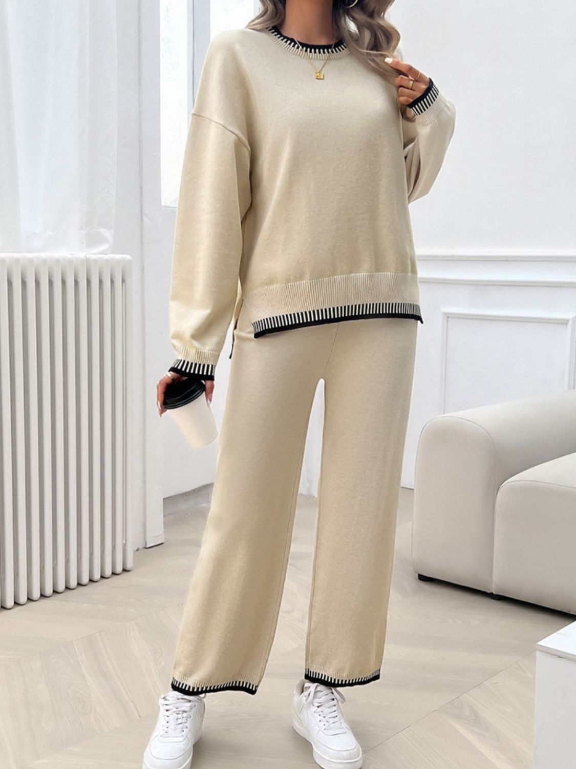 Devine Round Neck Dropped Shoulder Top and Pants Sweater Set Trandify Deal