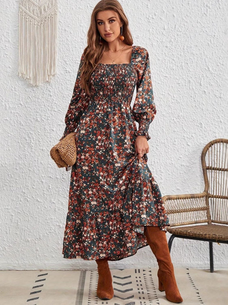 Smocked Floral Square Neck Long Sleeve Dress Trandify Deal