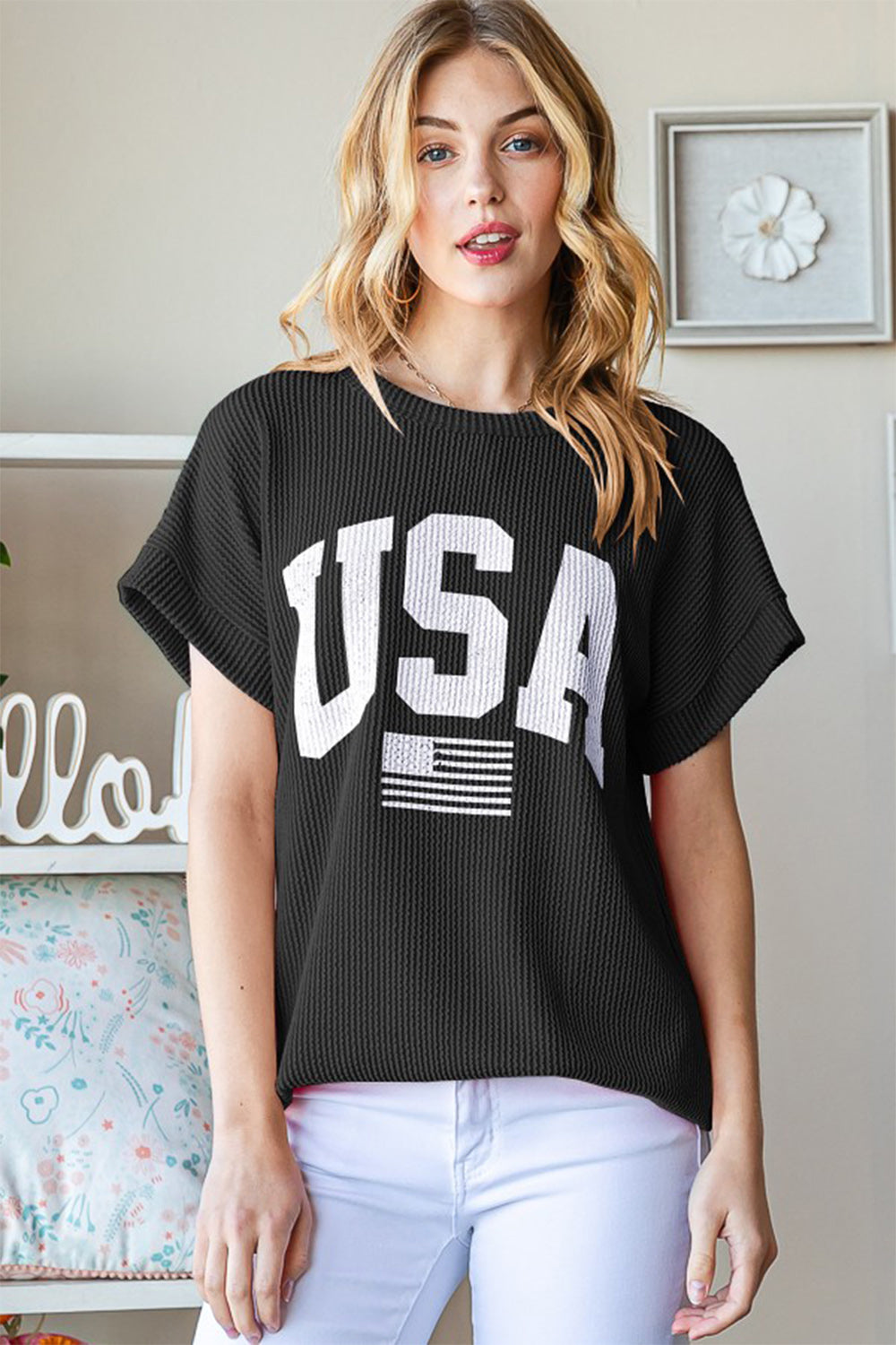 Heimish Full Size USA Graphic Short Sleeve Ribbed Top Trandify Deal