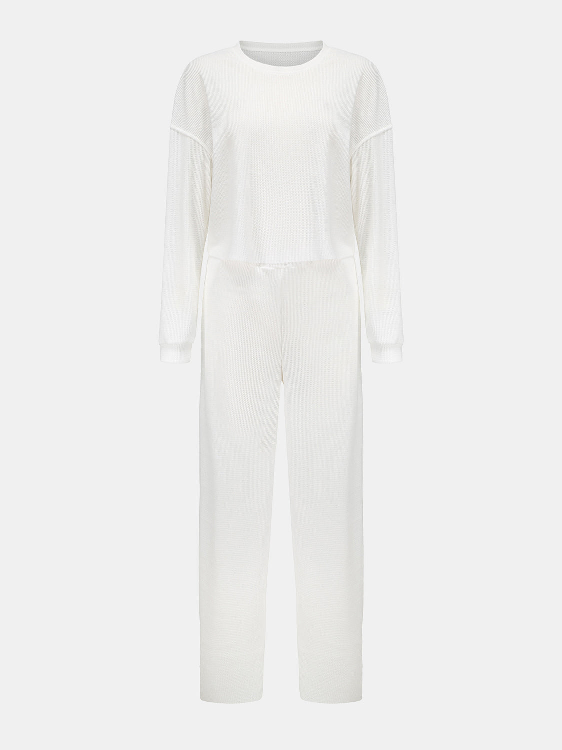 Waffle-Knit Round Neck Top and Pants Set Trandify deal
