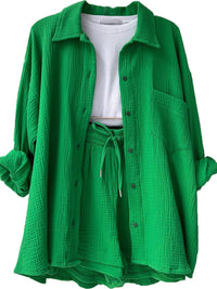 Texture Button Up Shirt and Drawstring Shorts Set Trandify deal
