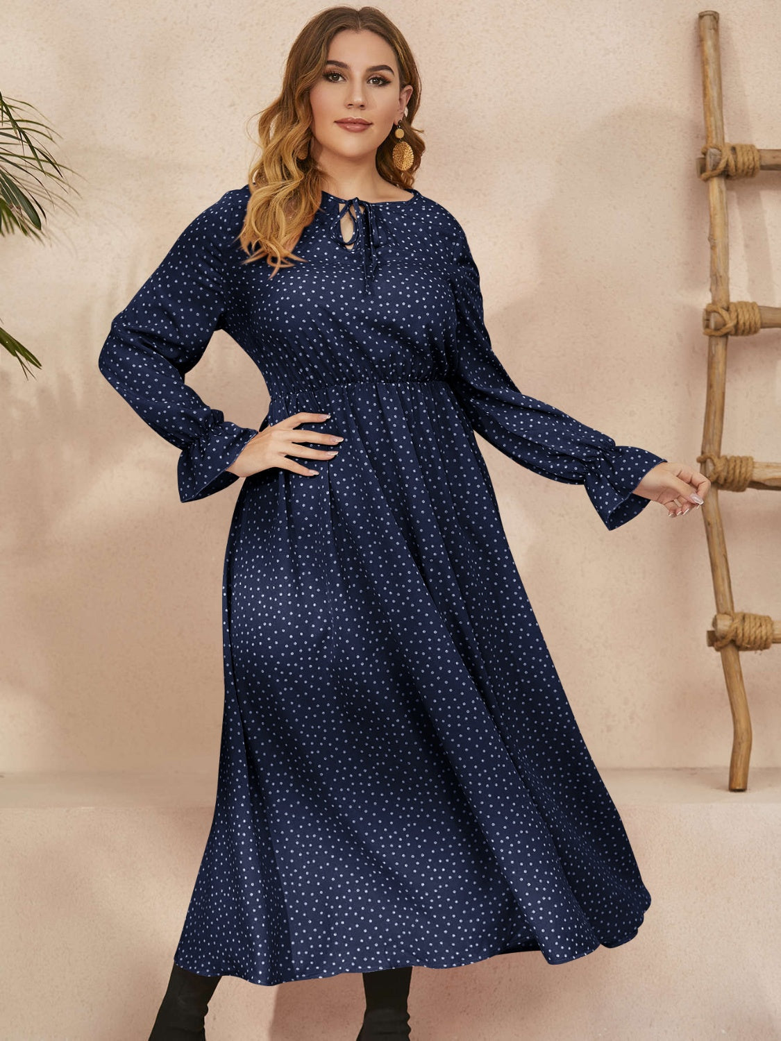 Plus Size Ruffled Polka Dot Long Sleeve Midi Dress Trandify Deal