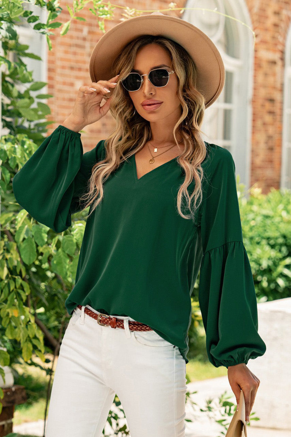Ruched Notched Balloon Sleeve Blouse Trandify deal