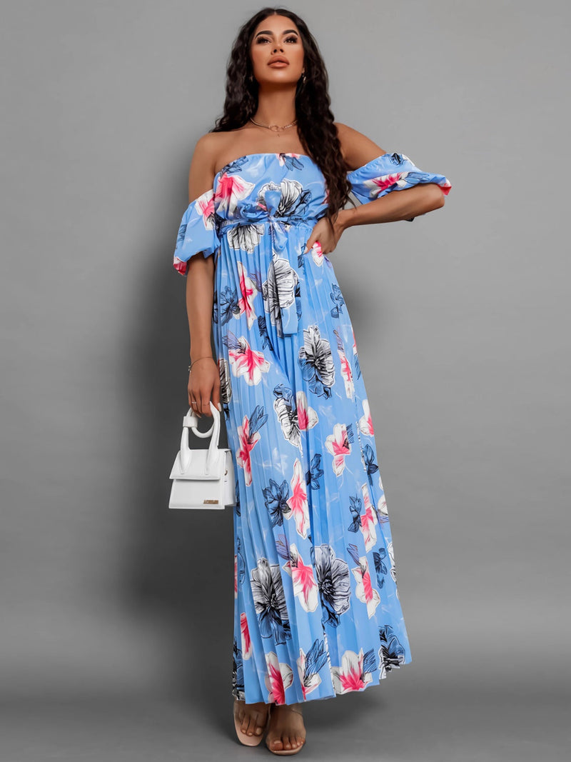 Pleated Floral Off-Shoulder Short Sleeve Midi Dress Trandify deal