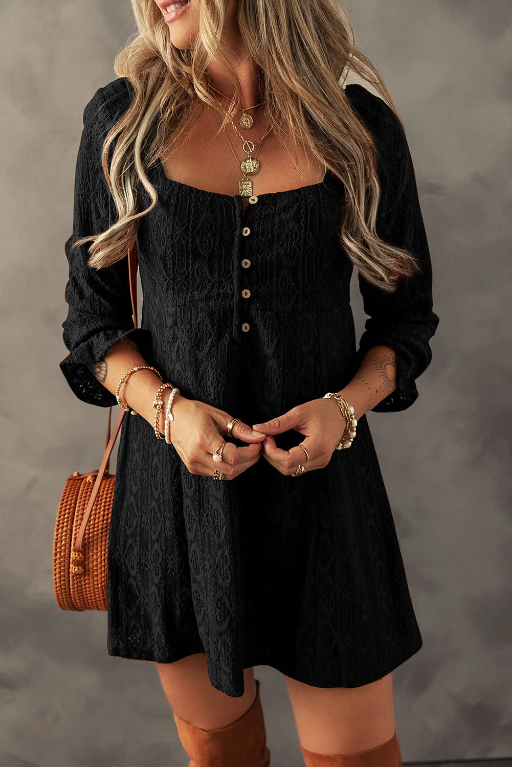 Textured Square Neck Mini Dress Trandify Deal