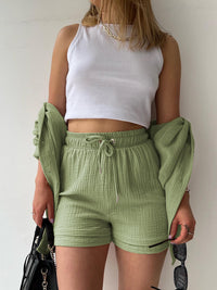 Texture Button Up Shirt and Drawstring Shorts Set Trandify deal