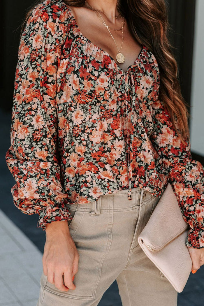 Peplum Tied Flora Long Sleeve Blouse Trandify Deal