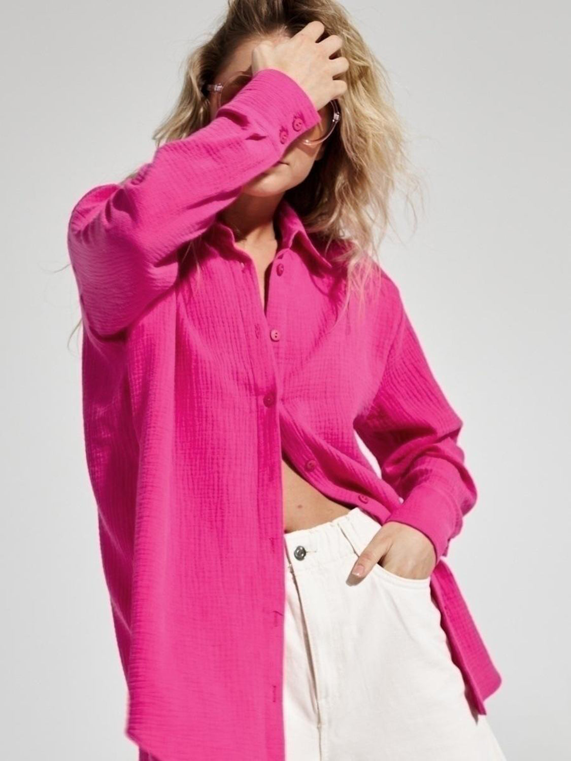 Textured Collared Neck Long Sleeve Shirt Trandify deal
