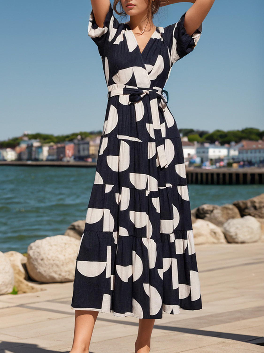 Tied Slit Printed Half Sleeve Midi Dress Trandify Deal