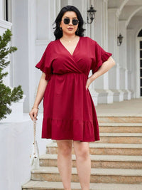Plus Size Ruched Surplice Flounce Sleeve Mini Dress Trandify deal