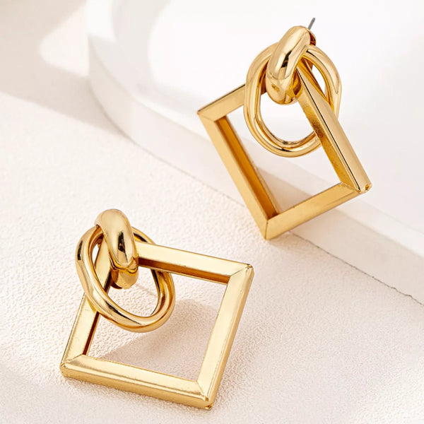 18K Gold Geometric Square Hoop Earrings displayed on a white background, showcasing their minimalist geometric design.
