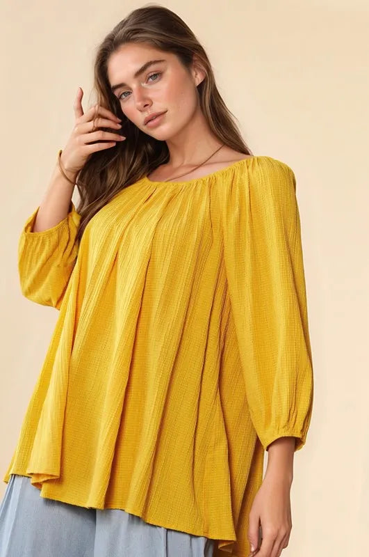 Davi & Dani Crinkled Texture Round Neck Swing Top – Lightweight Casual Blouse for Women | TrandifyDeal