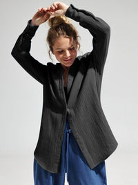 Textured Collared Neck Long Sleeve Shirt Trandify deal