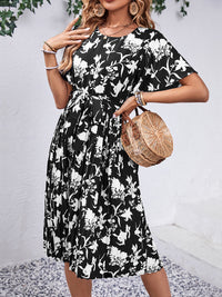 Printed Round Neck Short Sleeve Dress Trandify deal