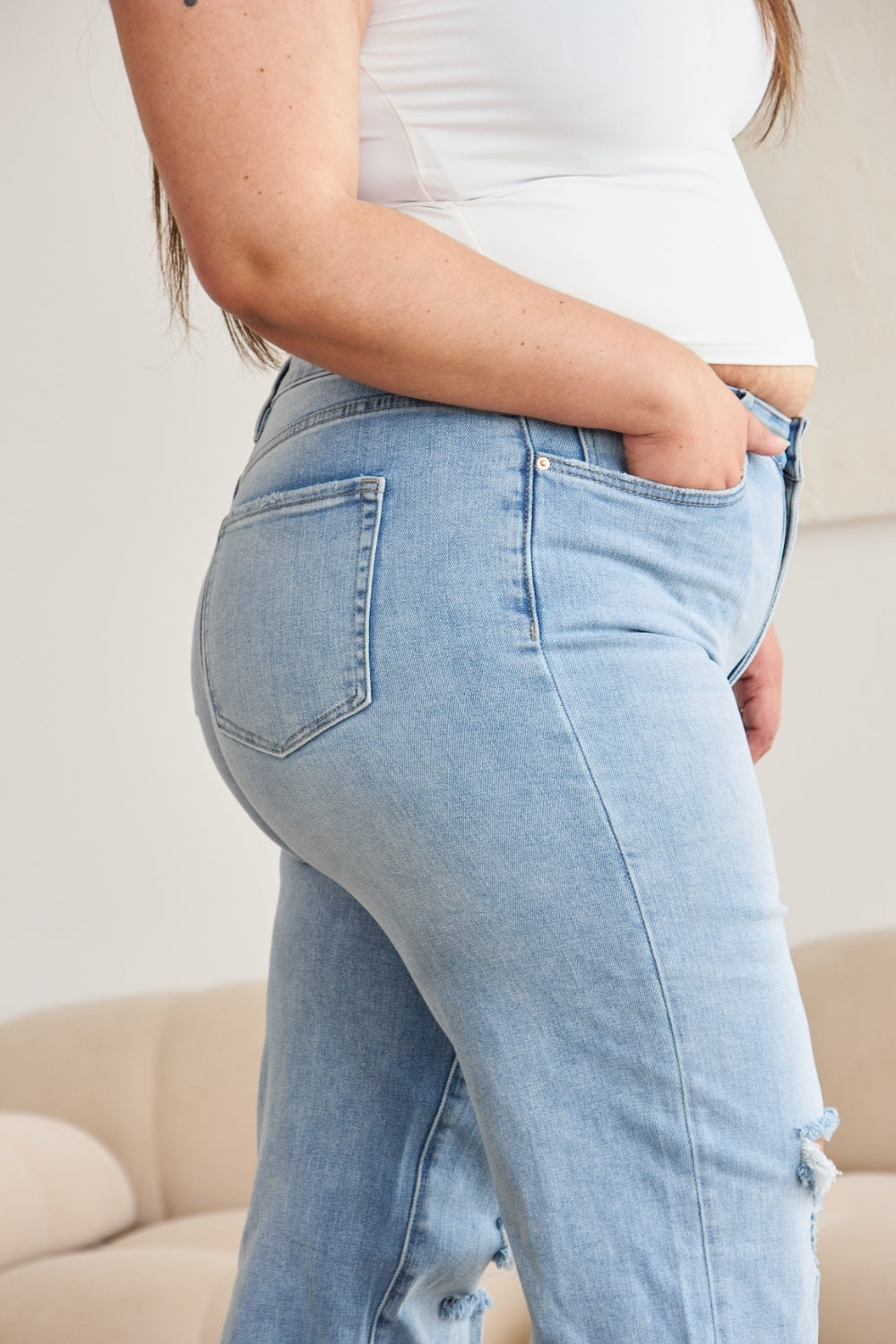 RFM Full Size Tummy Control High Waist Raw Hem Distressed Jeans Trandify deal