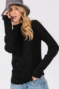 SAGE + FIG Glitter Mock Neck Lettuce Hem Long Sleeve Top Trandify Deal