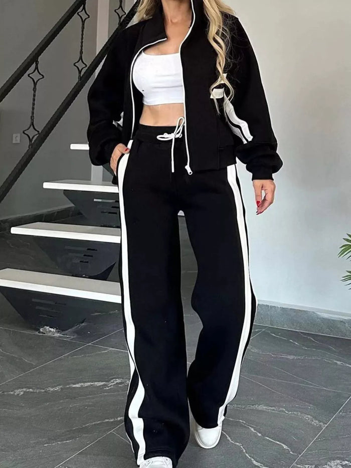 Women's Contrast Stripe Tracksuit Set - Zip Up Jacket & Pants