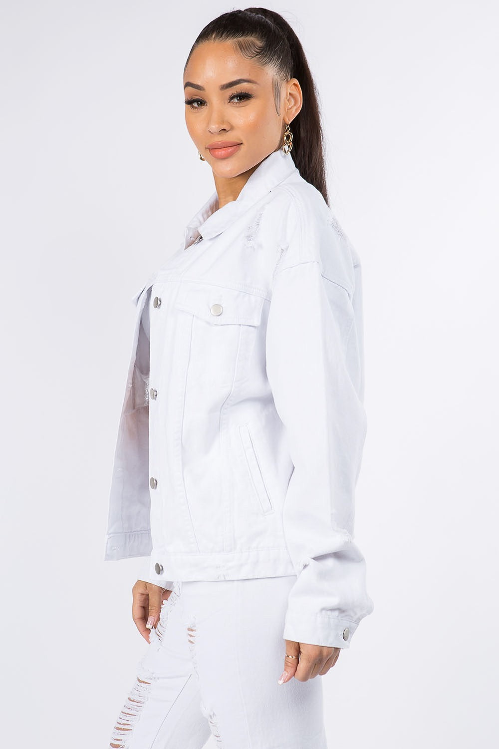 American Bazi Graphic Distressed Long Sleeve Denim Jacket Trandify Deal