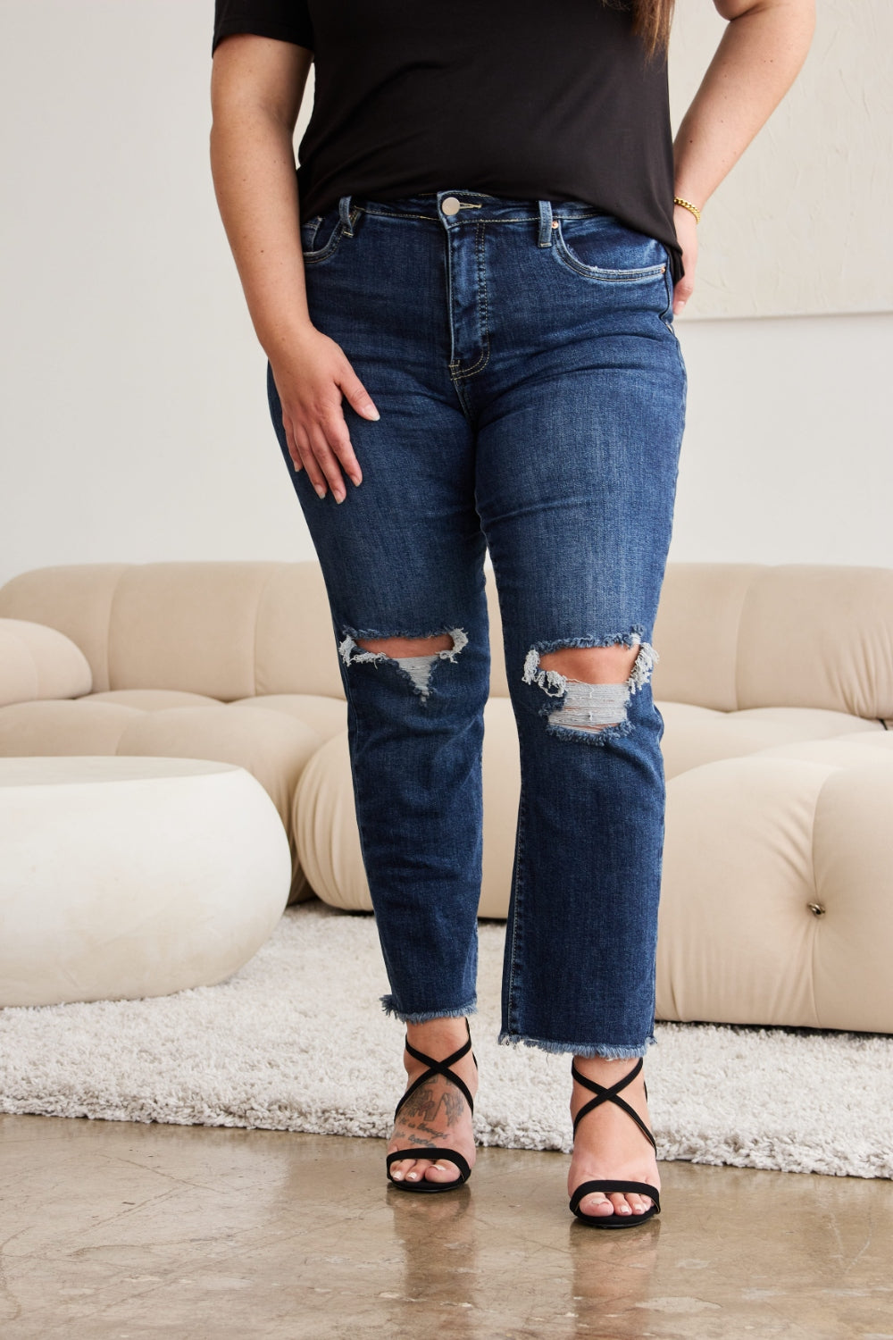 RFM Full Size Tummy Control Distressed High Waist Raw Hem Jeans Trandify deal