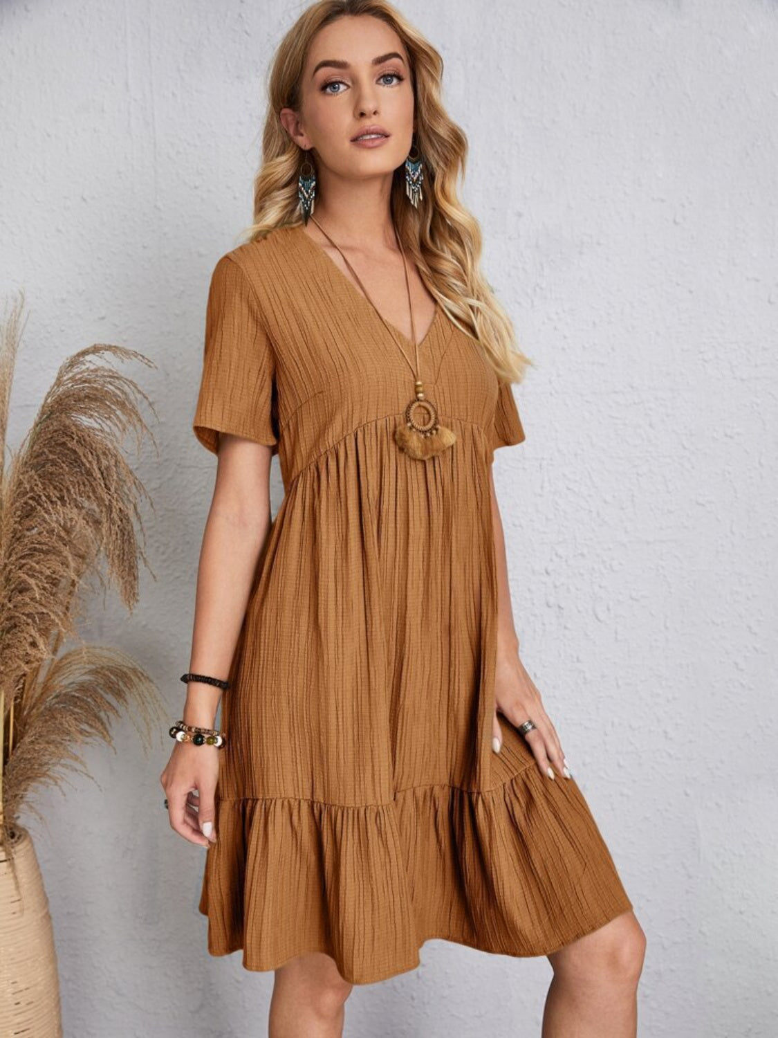 Full Size V-Neck Short Sleeve Dress Trandify deal