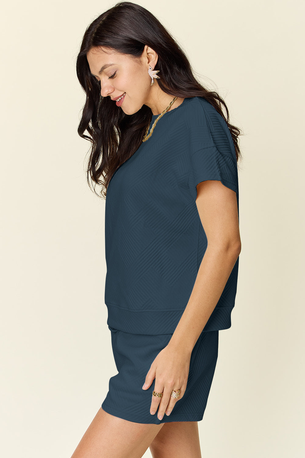 Double Take Full Size Texture Short Sleeve T-Shirt and Drawstring Shorts Set Trandify deal