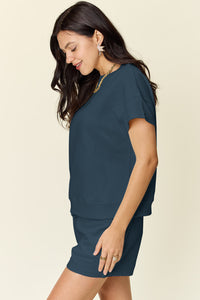 Double Take Full Size Texture Short Sleeve T-Shirt and Drawstring Shorts Set Trandify deal