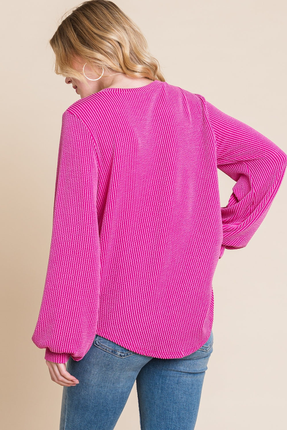 BOMBOM Long Sleeve Curved Hem Ribbed T-Shirt Trandify Deal