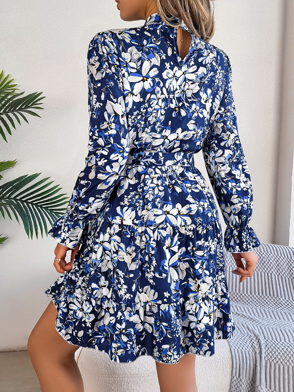 Printed Mock Neck Flounce Sleeve Mini Dress Trandify deal