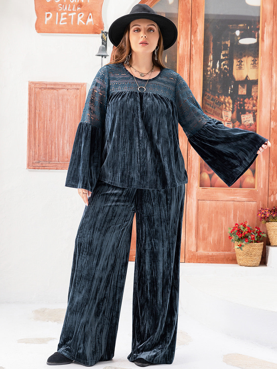 Plus Size Round Neck Flare Sleeve Top and Pants Set Trandify deal