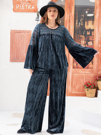 Plus Size Round Neck Flare Sleeve Top and Pants Set Trandify deal