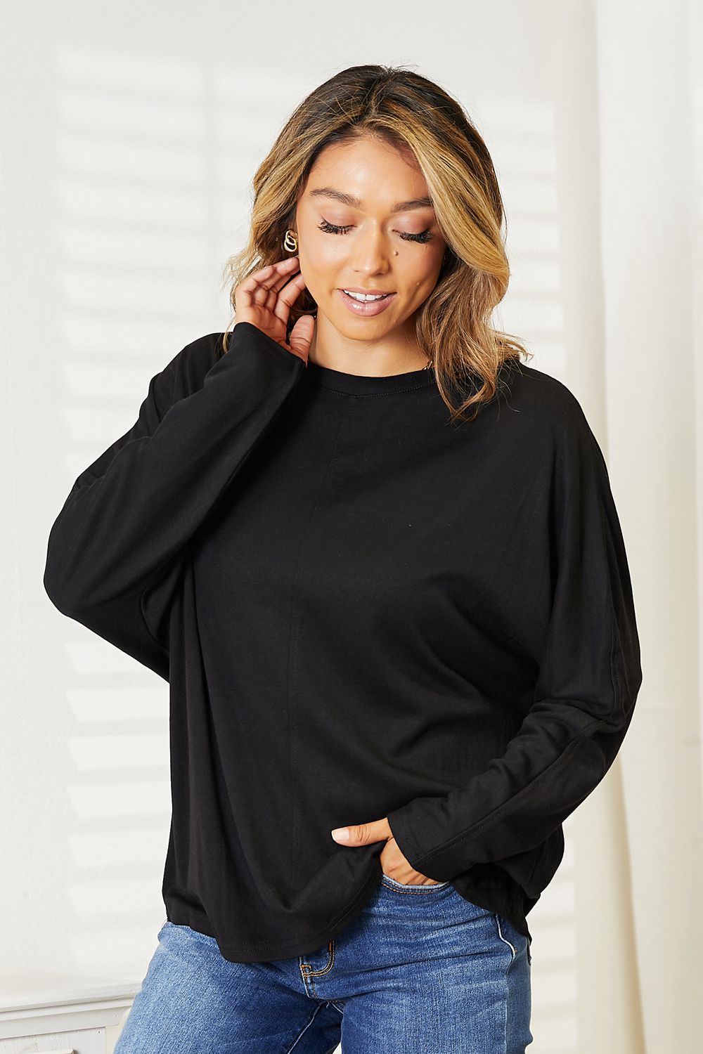 Double Take Seam Detail Round Neck Long Sleeve Top Trandify Deal
