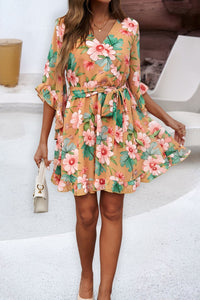 Devine Ruffled Printed Surplice Half Sleeve Mini Dress Trandify Deal