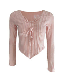 Women’s ruched drawstring ribbed long sleeve top in beige, styled with jeans for casual fall outfit