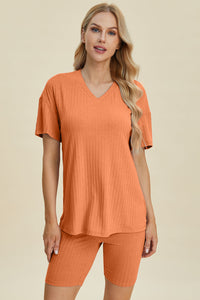 Basic Bae Full Size Ribbed V-Neck Short Sleeve Top and Shorts Set Trandify deal