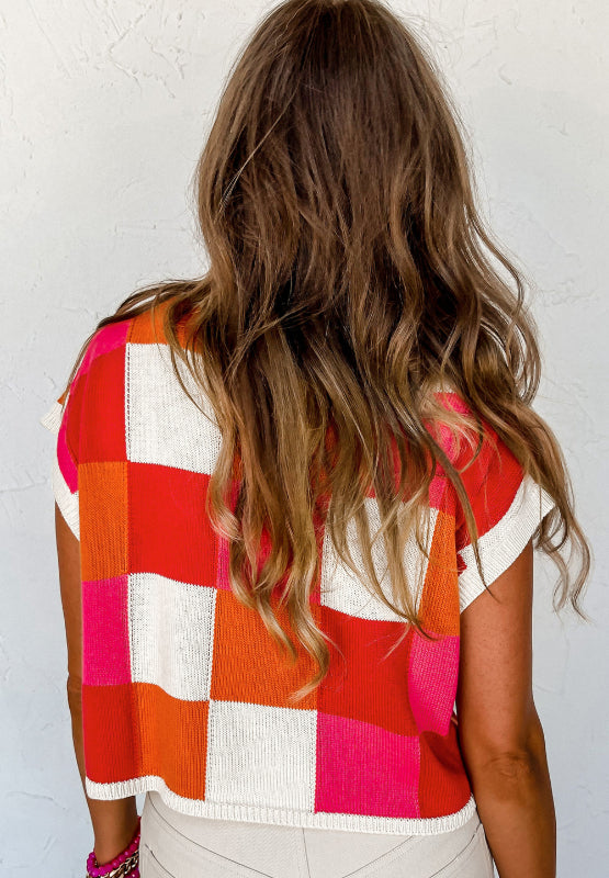 Contrast Plaid Round Neck Cap Sleeve Sweater Trandify Deal