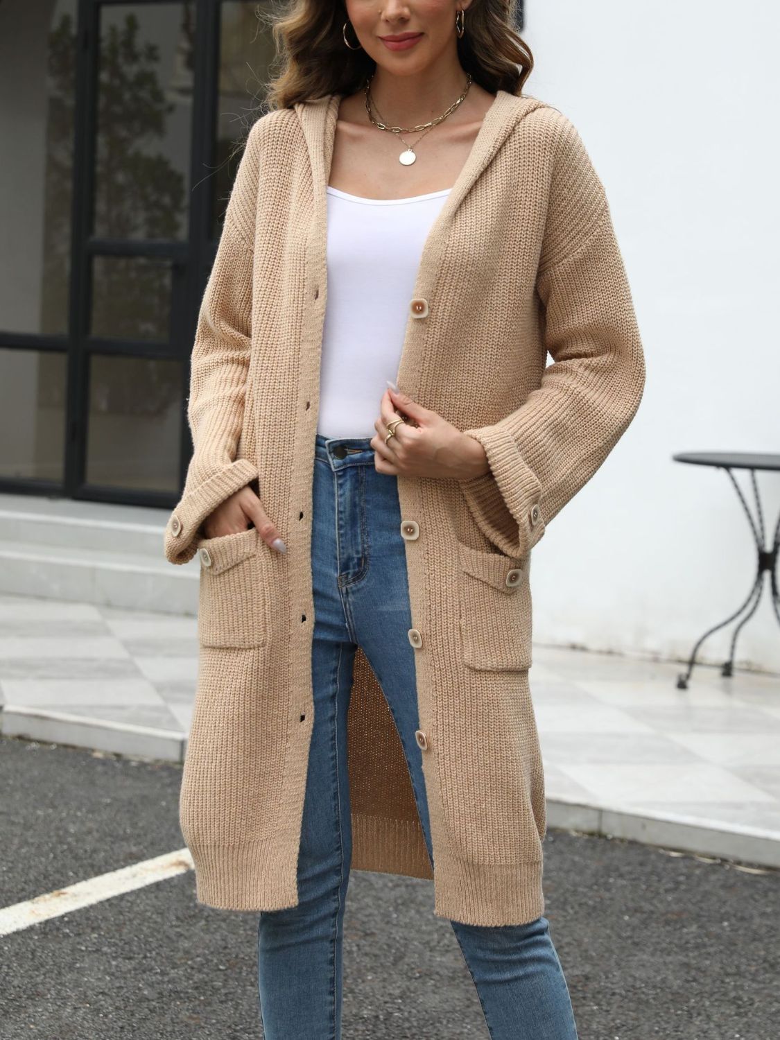 Pocketed Button Up Long Sleeve Hooded Cardigan Trandify Deal