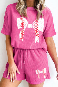 Waffle-Knit Bow Round Neck Top and Shorts Set Trandify deal