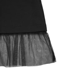 Black Square Neck Puff Sleeve Dress with Mesh Ruffle Hem