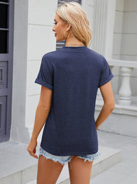 Decorative Button Notched Short Sleeve T-Shirt Trandify deal