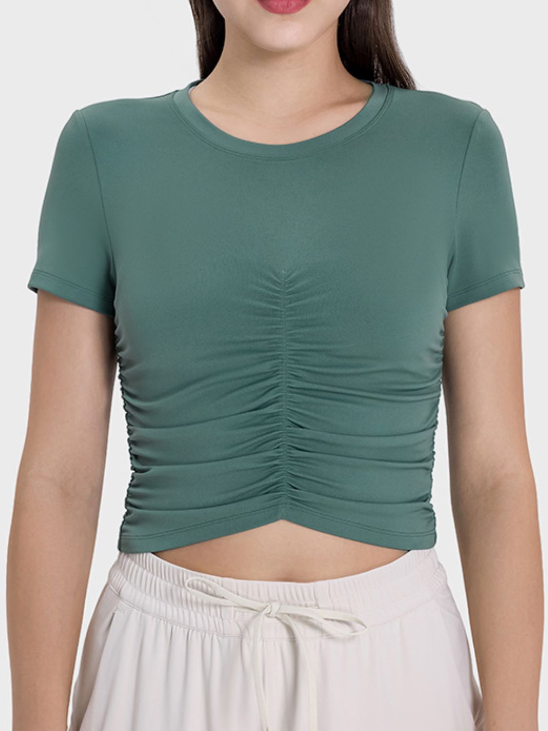 Millennia Ruched Round Neck Short Sleeve Active T-Shirt Trandify deal