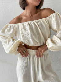 Off Shoulder Long Sleeve Top and Pants Set Trandify deal