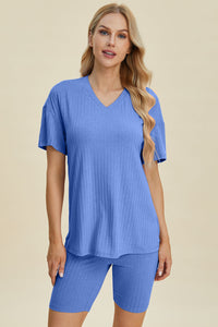 Basic Bae Full Size Ribbed V-Neck Short Sleeve Top and Shorts Set Trandify deal