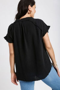 Trendy Women’s Frayed Hem Collared Shirt – Short Sleeve Casual Top